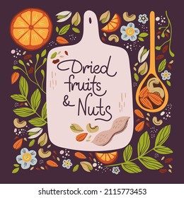 Hand drawn dried fruits and nuts. Ingredients of healthy snack. Vector illustration