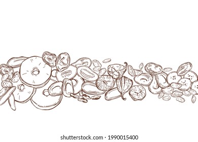 Frutas secas a mano. Fondo vectorial.