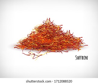 Hand drawn dried saffron. Flavoring for dishes. Spicy condiment. Culinary theme. Lettering Saffron. Flat design on vignette background. Vector illustration.