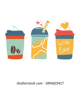 Hand drawn drink, beverage, set of coffee, tea, smoothie. Flat illustration.