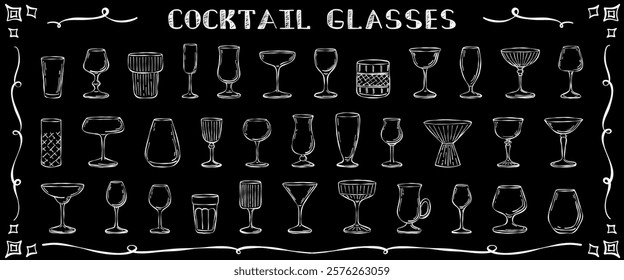 Hand drawn drink and cocktail glass elements on chalkboard. Simple doodle empty alcohol glass collection for greeting cards, bar menu, wedding invitations.