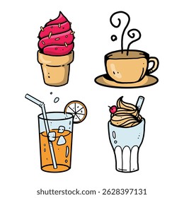 Conjunto De Vetores De Sobremesa De Bebida Desenhado À Mão. Café, Suco, Sorvete, Milkshake.