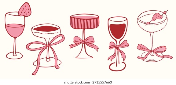Juego de Vector de vidrio para bebidas dibujado a mano con arcos de cinta Descripción: Juego de Ilustración vectorial de varios vasos de bebidas decorados con arcos de cinta rosados y adornos de fresa. Estilo de doodle dibujado a mano para la marca de café, bar y celebración de fiesta.