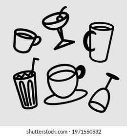 Hand drawn drink glassware type - cocktail glass, wine glass, wineglass, coffee cup, mug vector illustration.