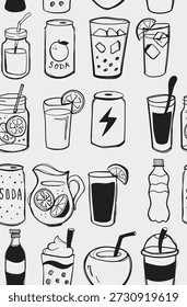 Padrão de ícones de bebida desenhados à mão em estilo doodle. Coleta perfeita de bebidas, refrigerante, suco, coquetéis e limonada. Ilustração vetorial de linha preta para menus de café, embalagem e marca.