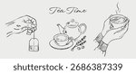 Hand drawn drink illustrations. Hand holding tea bag, teapot with cup of tea. Two hands holding warm mug with steamed beverage. Vector sketch drawings. International tea day, tea time