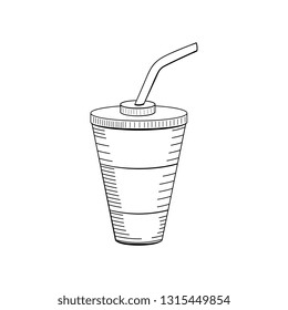 Hand drawn drink in paper cup illustration. Doodle art. Food icon. 