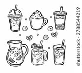 Hand Drawn Drink Set Iced Coffee Bubble Tea Whipped Cream Latte Lemonade Pitcher Mason Jar and Iced Glass Sketch Collection