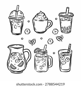 Hand Drawn Drink Set Iced Coffee Bubble Tea Whipped Cream Latte Lemonade Pitcher Mason Jar and Iced Glass Sketch Collection