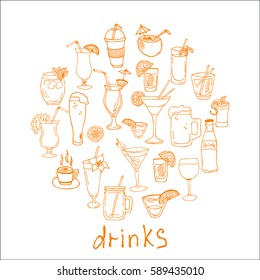 Hand drawn drinks doodle Icons collection on white background. Vector illustration for your design