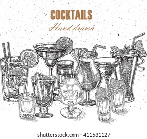 Hand drawn drinks illustration. Vector design vintage beverages in sketch style. Alcoholic cocktails set