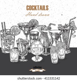 Hand drawn drinks illustration. Vector design vintage beverages in sketch style. Alcoholic cocktails set