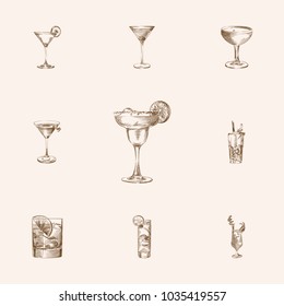 Hand drawn drinks sketches set. Collection of mojito, manhattan, tom collins and other sketch elements.