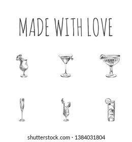 Hand drawn drinks sketches set. Collection of sex on the beach, last word, french 75 and other sketch elements.