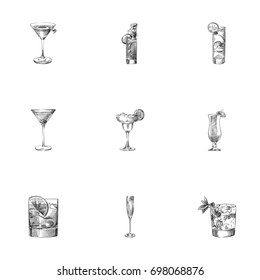 Hand Drawn Drinks Sketches Set. Collection Of Pina Colada, Daiquiri, Champagne And Other Sketch Elements.