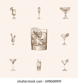 Hand Drawn Drinks Sketches Set. Collection Of Beverage, Exotic Drink, Margarita And Other Sketch Elements.