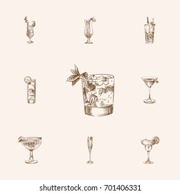 Hand Drawn Drinks Sketches Set. Collection Of Cocktail, Daiquiri, Pisco Sour And Other Sketch Elements.