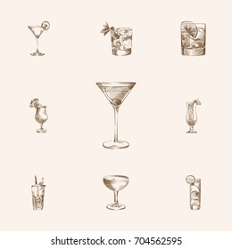 Hand Drawn Drinks Sketches Set. Collection Of MAI TAI, Old Fashioned, Margarita And Other Sketch Elements.