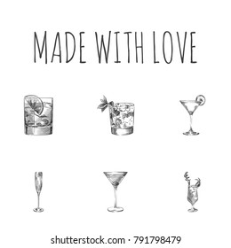 Hand Drawn Drinks Sketches Set. Collection Of Champagne, Margarita, Old Fashioned And Other Sketch Elements.