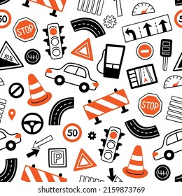 Hand drawn drive symbols seamless pattern. Doodle cars, road objects, traffic sign and automobile symbols. Vector illustration for driving school auto parts store, service centers on white background.