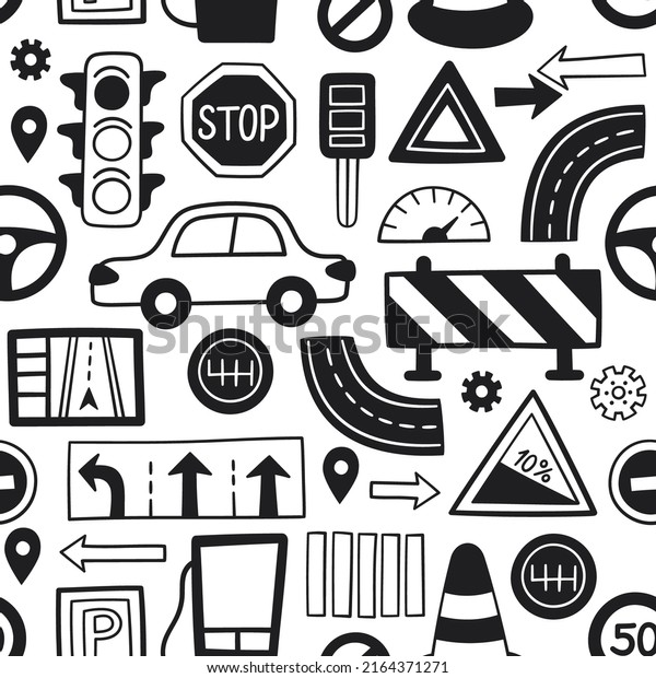 Hand drawn drive symbols seamless pattern.\
Doodle cars, road objects, traffic sign and automobile symbols.\
Vector illustration for driving school auto parts store, service\
centers on white\
background.