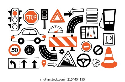 Hand drawn drive symbols set. Cars, road objects, traffic sign and automobile symbols in doodle style. Vector illustration isolated for driving school, car shops, auto parts store, service centers.