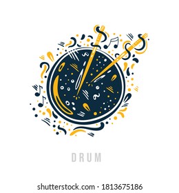 Hand drawn drum with drumsticks with notes, ribbons and dots around it.  Creative design of  percussion musical instrument.  Can be used for poster, t-shirt, music festival banner, cover, logo. 