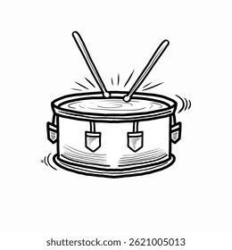 Tambor desenhado à mão com baquetas em fundo branco. Bateria estilo Doodle e baquetas. Ilustração de vetor de tambor instável