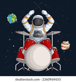 Hand drawn Drummer astronaut in spacesuit playing drums with crossed sticks and cymbals over space