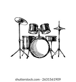 Hand drawn drums, vintage engraving style. Retro music concept. Sketch isolated vector illustration
