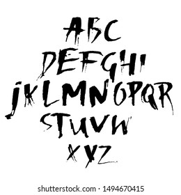 Hand drawn dry brush font. Modern brush lettering. Grunge style alphabet. Vector illustration.