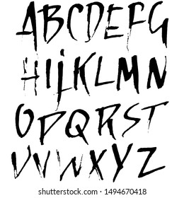 Hand drawn dry brush font. Modern brush lettering. Grunge style alphabet. Vector illustration.
