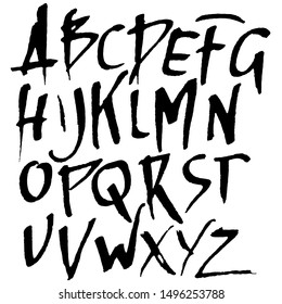Hand drawn dry brush font. Modern brush lettering. Grunge style alphabet. Vector illustration.