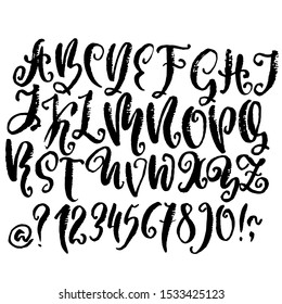 Hand drawn dry brush font. Modern brush lettering. Grunge style alphabet. Vector illustration.