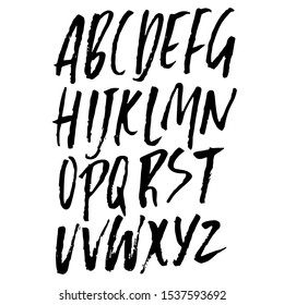 Hand drawn dry brush font. Modern brush lettering. Grunge style alphabet. Vector illustration.