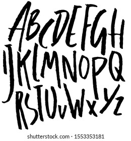 Hand drawn dry brush font. Modern brush lettering. Grunge style alphabet. Vector illustration.