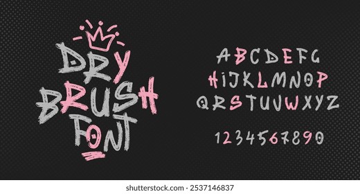 Hand drawn dry brush font. Youthful street style marker graffiti alphabet. Vector typographic design, halftone texture background