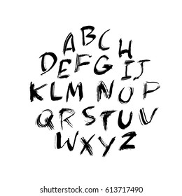 Hand drawn dry brush font. Modern brush lettering. Grunge style alphabet. Vector illustration.