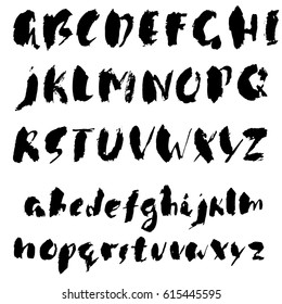Hand drawn dry brush font. Modern brush lettering. Grunge style alphabet. Vector illustration.