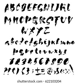 Hand drawn dry brush font. Modern brush lettering. Grunge style alphabet. Vector illustration