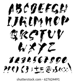 Hand drawn dry brush font. Modern brush lettering. Grunge style alphabet. Vector illustration.