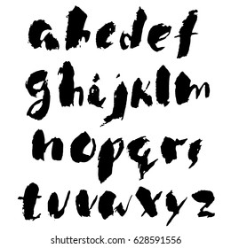 Hand drawn dry brush font. Modern brush lettering. Grunge style alphabet. Vector illustration.