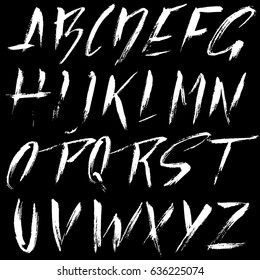 Hand drawn dry brush font. Modern brush lettering. Grunge style alphabet. Vector illustration.