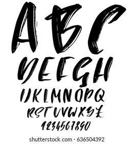 Hand drawn dry brush font. Modern brush lettering. Grunge style alphabet. Vector illustration.