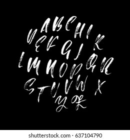 Hand drawn dry brush font. Modern brush lettering. Grunge style alphabet. Vector illustration.
