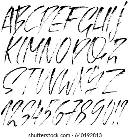 Hand drawn dry brush font. Modern brush lettering. Grunge style alphabet. Vector illustration.