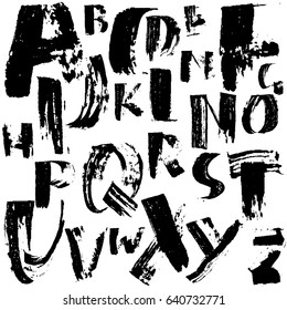 Hand drawn dry brush font. Modern brush lettering. Grunge style alphabet. Vector illustration.