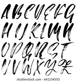 Hand drawn dry brush font. Modern brush lettering. Grunge style alphabet. Vector illustration.