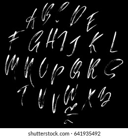 Hand drawn dry brush font. Modern brush lettering. Grunge style alphabet. Vector illustration.