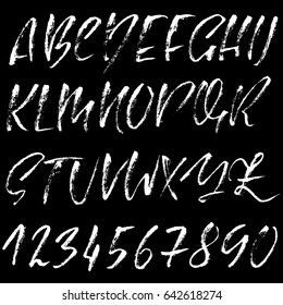 Hand drawn dry brush font. Modern brush lettering. Grunge style alphabet. Vector illustration.